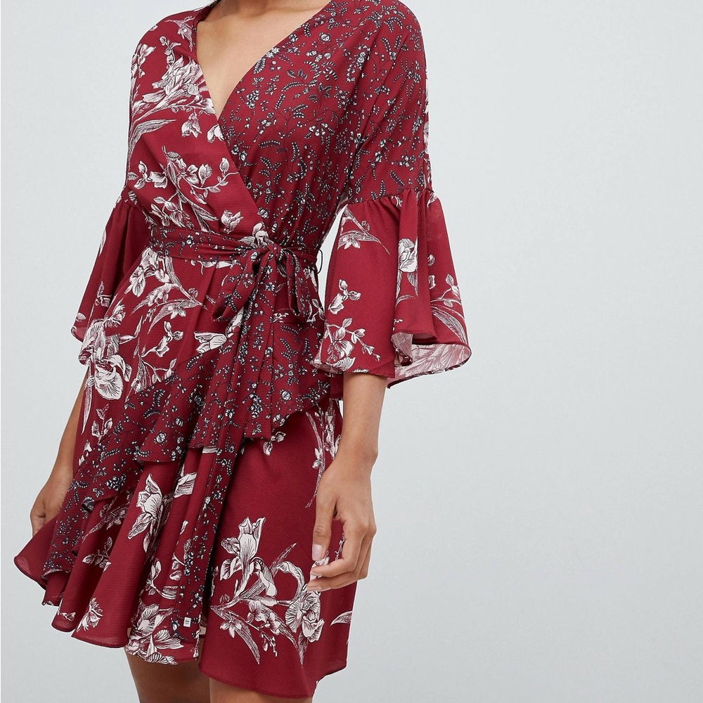 French Connection Frill Mini Wrap Dress in Deep Framboise in Size 4